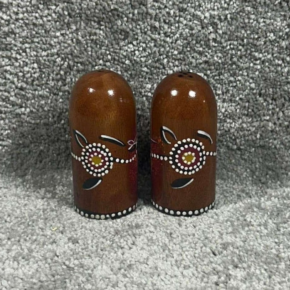 Yapa Salt and Pepper Shakers Brown Hand Painted Aboriginal Art Wood Set